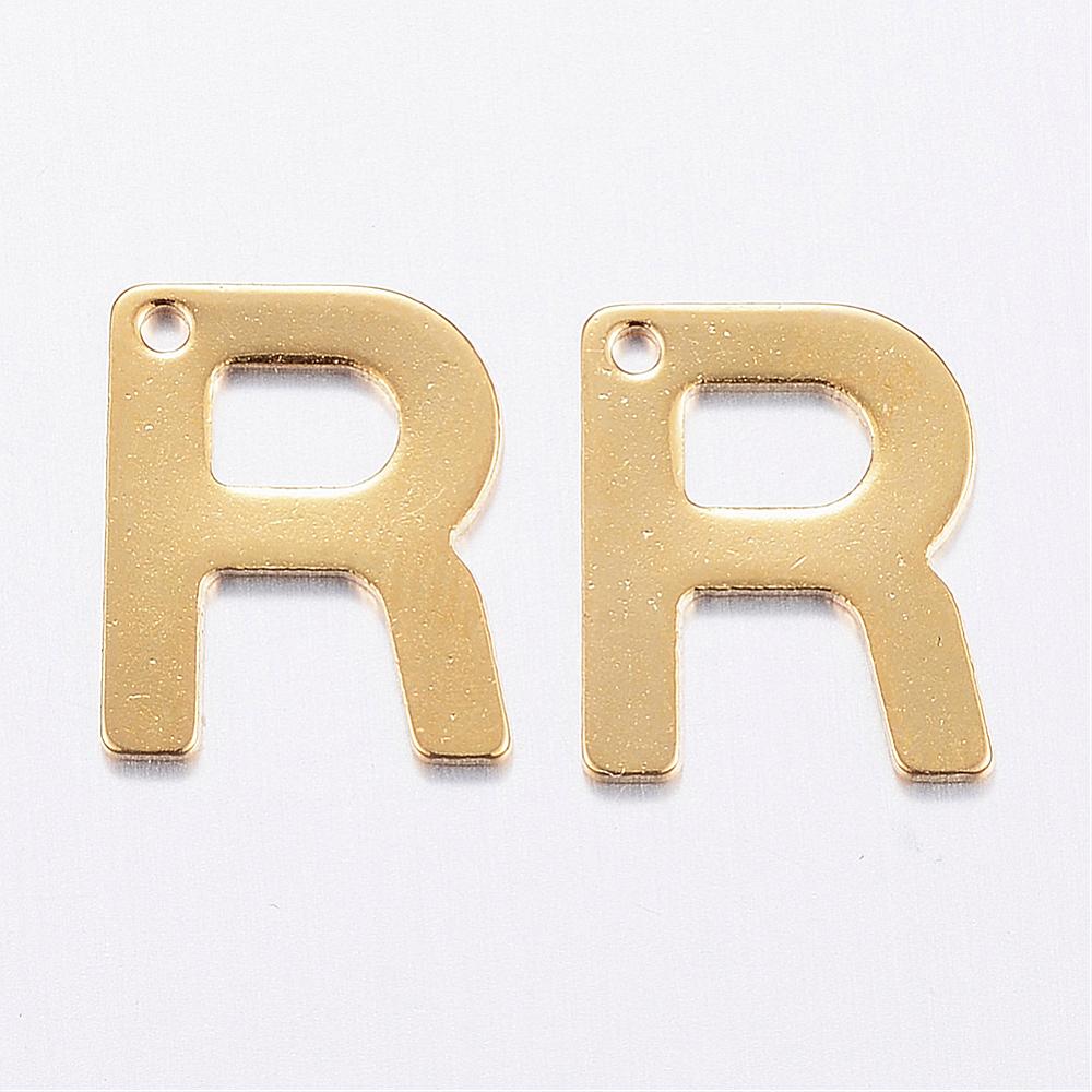 PandaHall 304 Stainless Steel Charms, Letter.R, Golden, 11x9x0.8mm, Hole: 1mm Stainless Steel Alphabet
