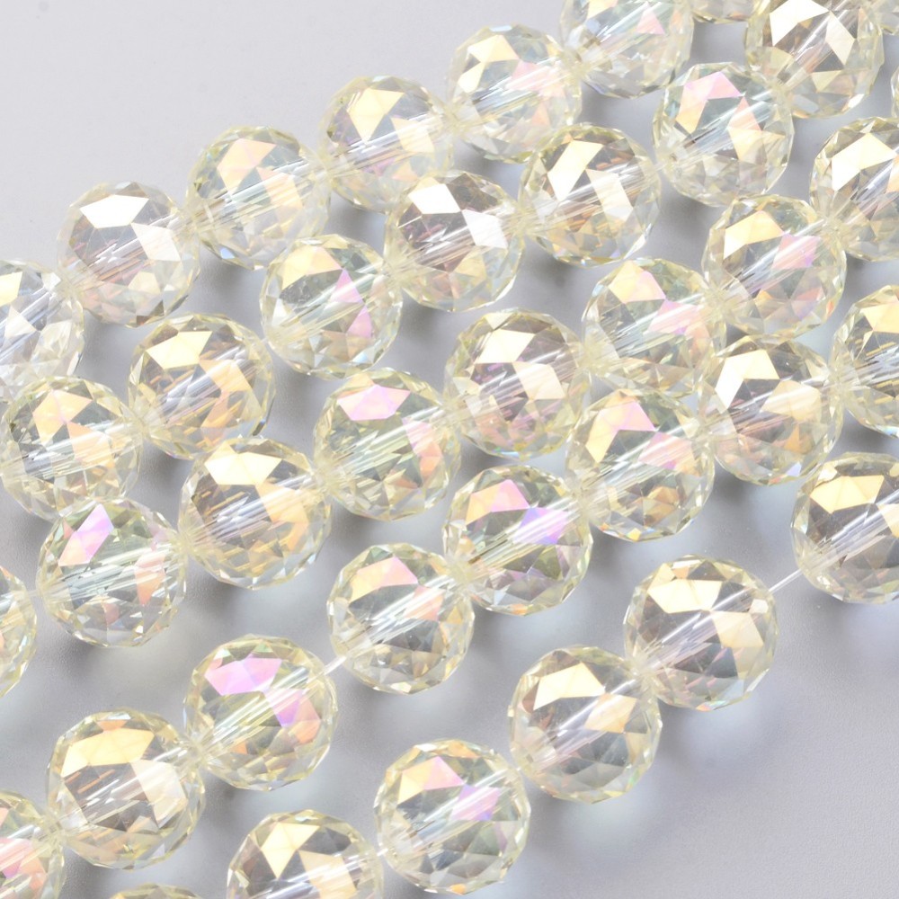 PandaHall Electroplate Glass Bead Strands, Full Rainbow Plated, Faceted, Round, LightYellow, 15.5mm, Hole: 2mm; about 15pcs/strand, 8.6"...