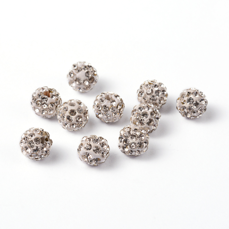PandaHall Pave Disco Ball Beads, Polymer Clay Rhinestone Beads, Round, Crystal, 8mm, Hole: 1mm Polymer Clay+Glass Rhinestone Round White