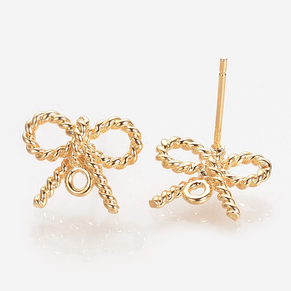 PandaHall Brass Ear Stud Findings, Real Gold Plated, Bowknot, 13x10mm, Hole: 1.5mm; pin: 0.5mm Brass
