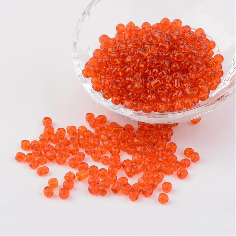 PandaHall 6/0 Glass Seed Beads, Transparent, Round, DarkOrange, 4mm, hole: 1.5mm; about 496pcs/50g Glass Orange