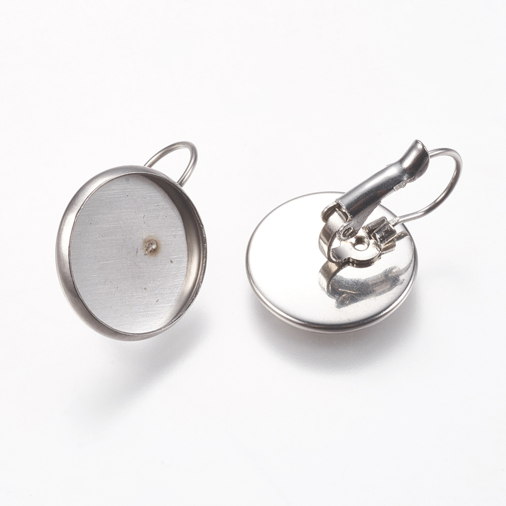 PandaHall 304 Stainless Steel Leverback Earring Findings, Flat Round, Stainless Steel Color, 22x16mm, Pin: 0.8mm, Tray: 14mm Stainless Steel