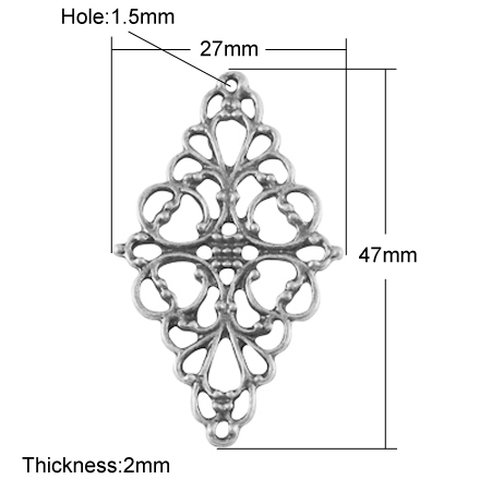 PandaHall Alloy Links, Filigree Joiners, Lead Free and Nickel Free, Rhombus, Antique Silver, 47x27x2mm, Hole: 1.5mm Alloy Rhombus