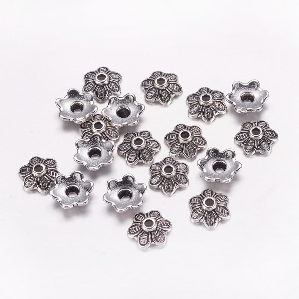 PandaHall Tibetan Style Bead Caps, Lead Free and Cadmium Free, Flower, Antique Silver, 10.5mm diameter, 3.5mm thick, hole: 2mm Alloy
