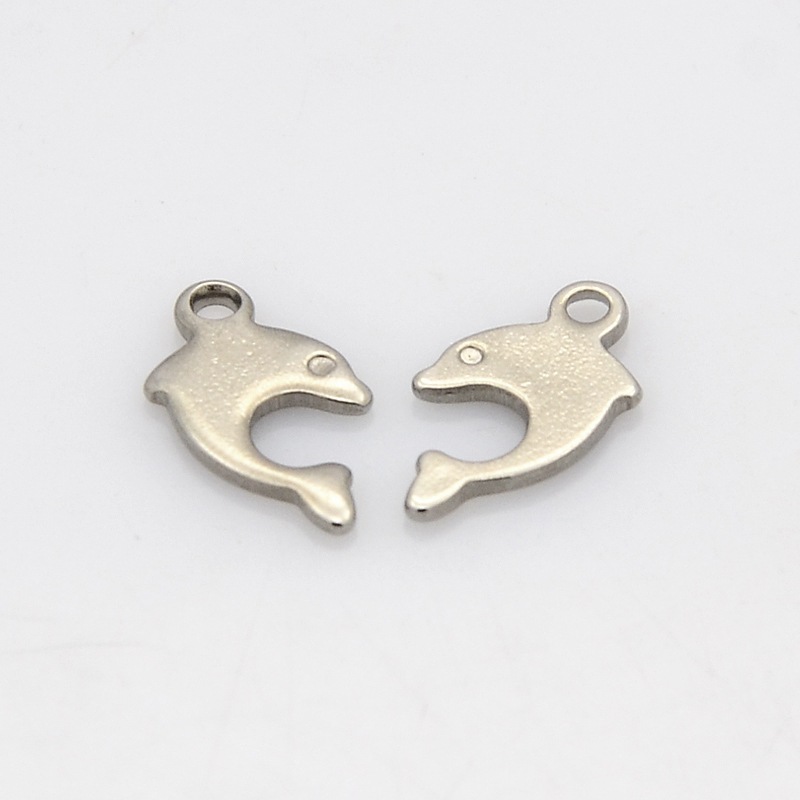 PandaHall 304 Stainless Steel Dolphin Charms, Stainless Steel Color, 12x8x1mm, Hole: 1mm Stainless Steel Dolphin
