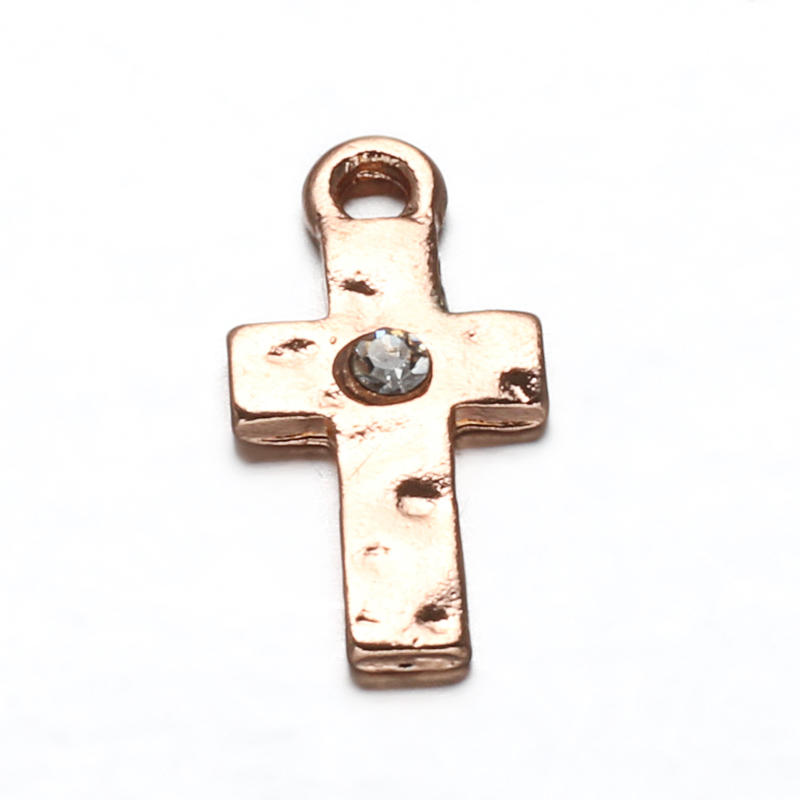 PandaHall Alloy Rhinestone Pendants, Cross, Cadmium Free & Nickel Free & Lead Free, Rose Gold, 17x9x2mm, Hole: 2mm Alloy+Rhinestone Cross