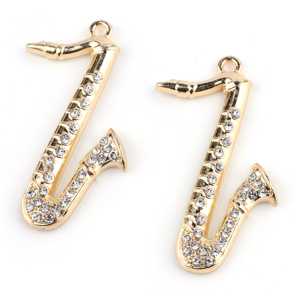 PandaHall Alloy Rhinestone Pendants, Saxophone, Cadmium Free & Lead Free, Golden, 47.5x20x4mm, Hole: 2mm Alloy+Rhinestone Musical...