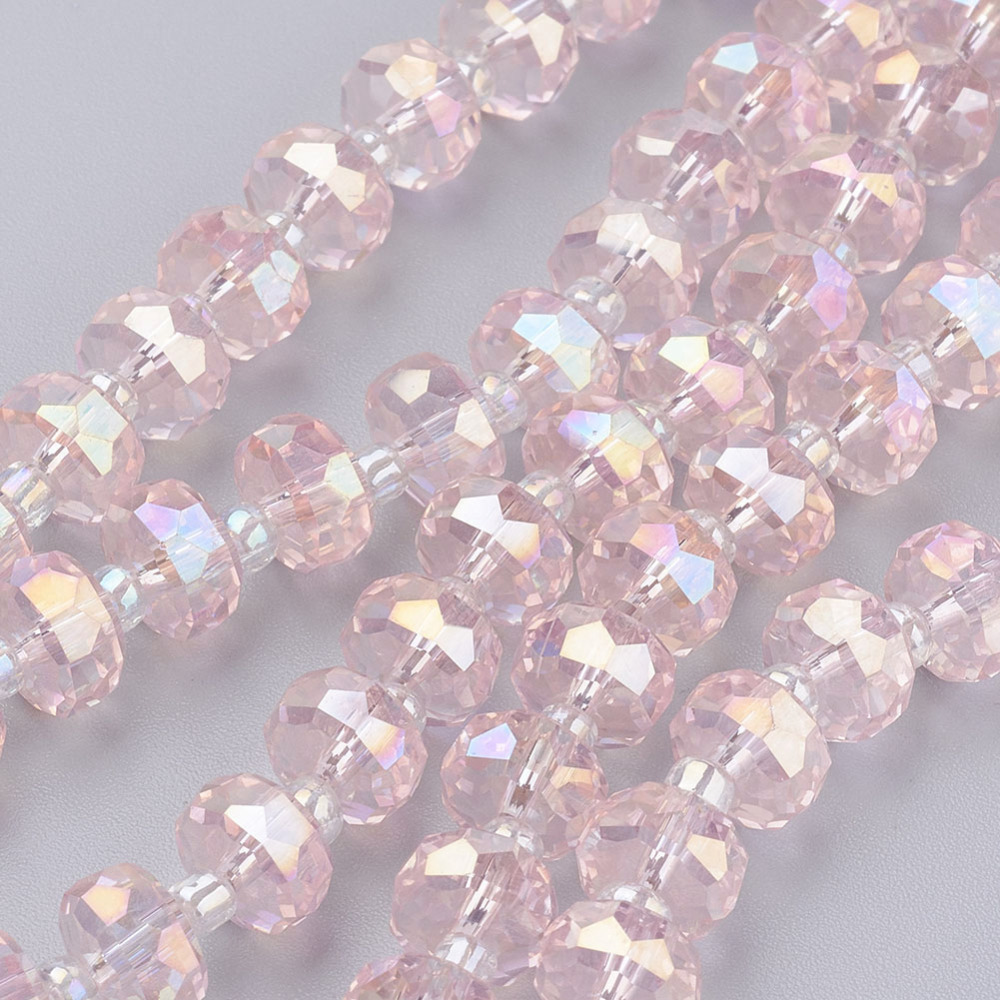 PandaHall Electroplate Glass Beads Strands, AB Color Plated, Faceted, Flat Round, Pink, 7.5~8mm, Hole: 1mm; about 50pcs/strand, 13.7"(35cm)...
