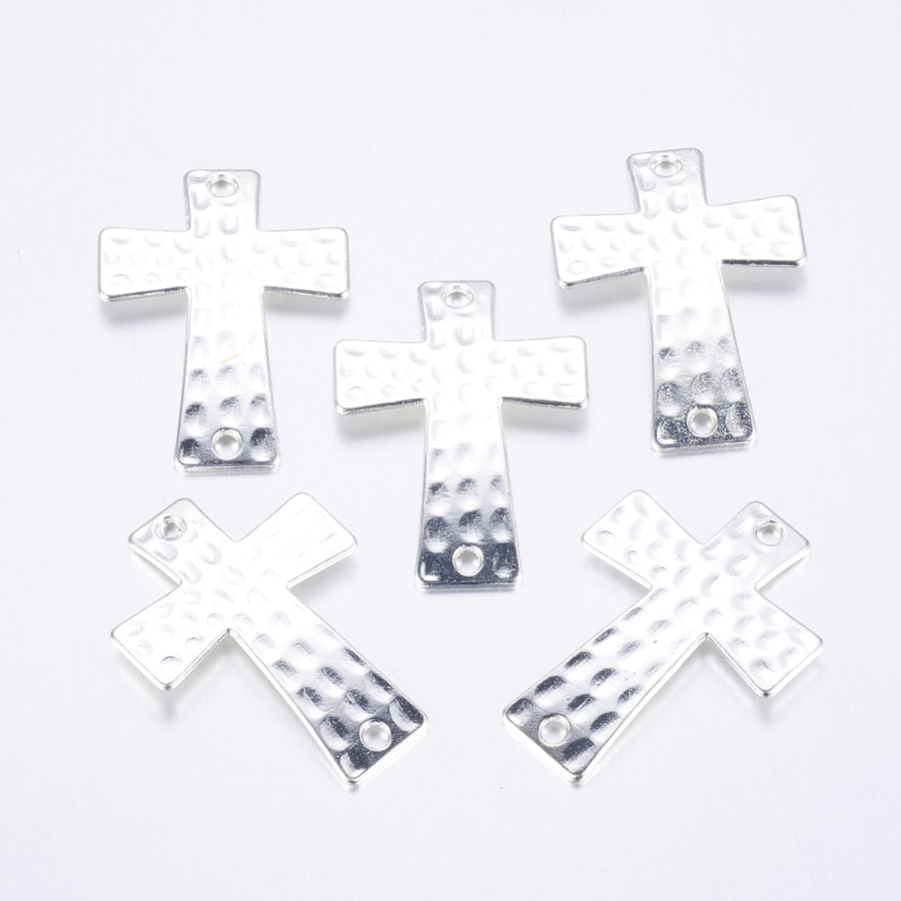 PandaHall Alloy Links, Lead Free and Nickel Free, Hammered Cross, Silver, 38x27.5x3mm, Hole: 2mm Alloy Cross