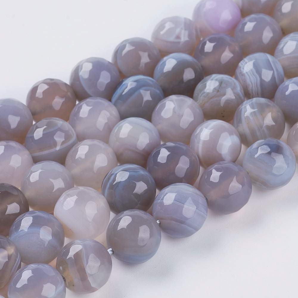 PandaHall Natural Striped Agate/Banded Agate Beads Strands, Faceted, Round, Gainsboro, 10mm, Hole: 1.2mm Banded Agate Round Gray
