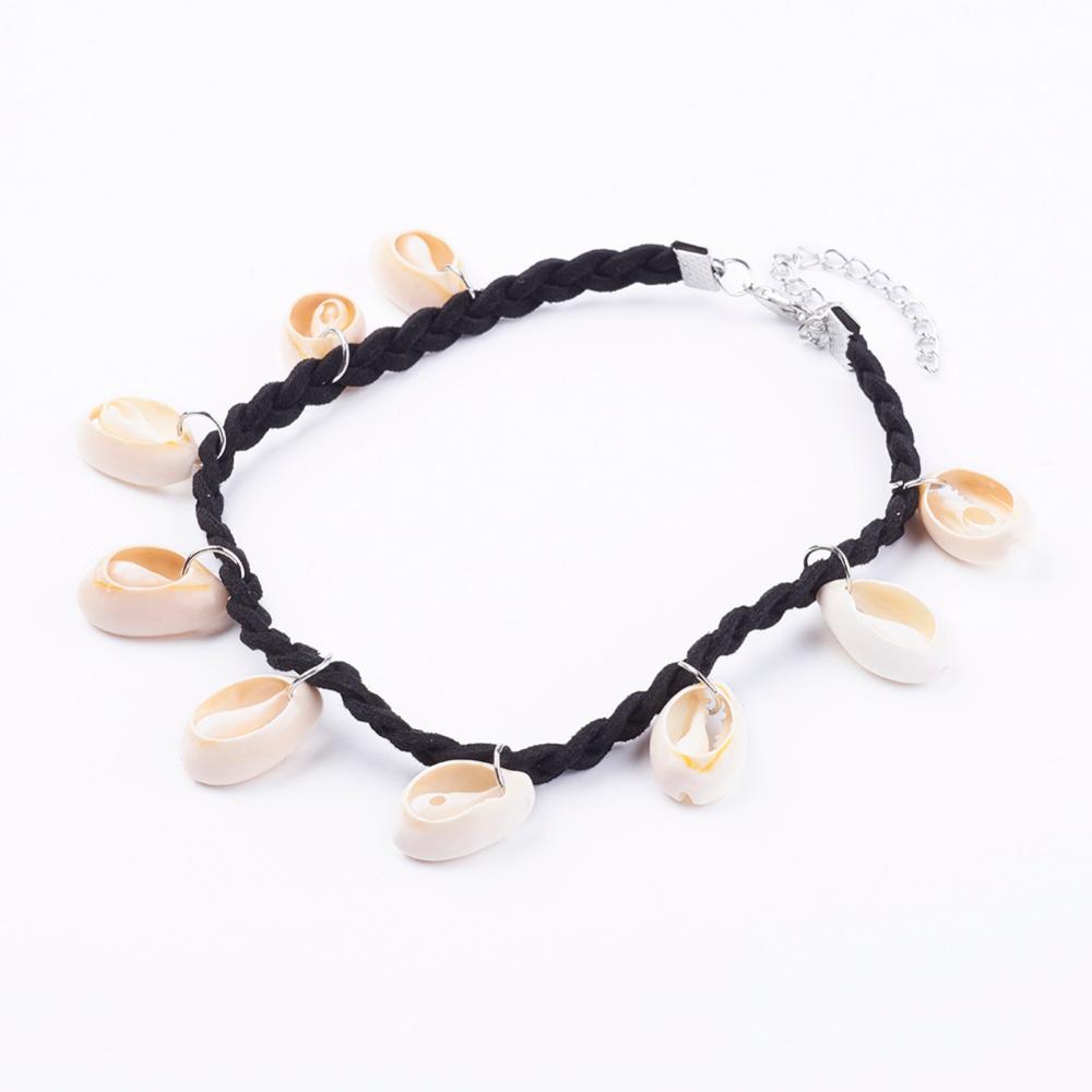 PandaHall Fashion Style Cowrie Shell Charm Collar Choker Necklaces, with Alloy Clasps, Black, 11" Shell Black