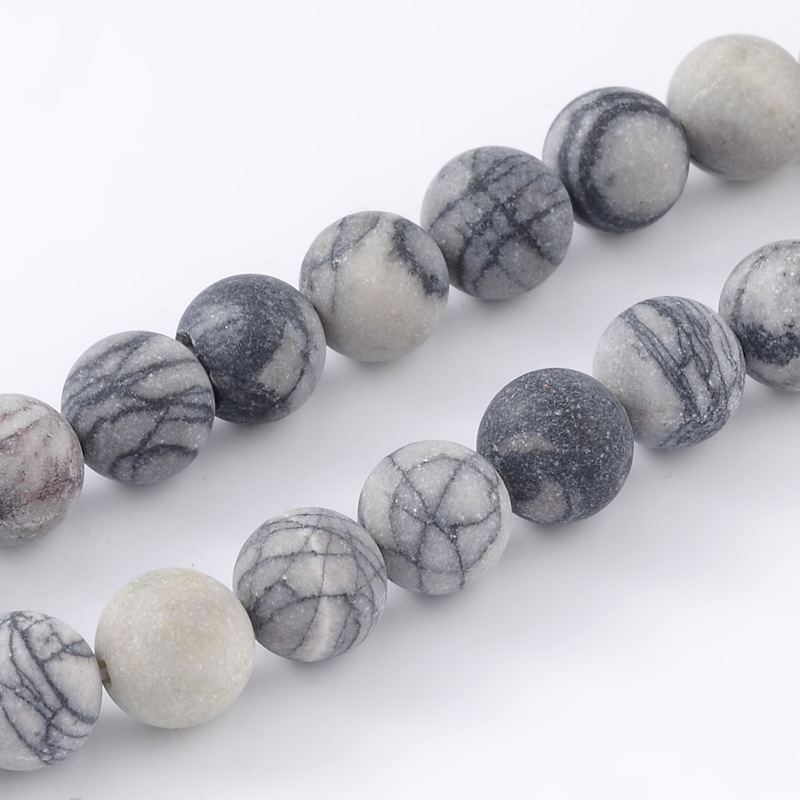 PandaHall Round Frosted Natural Black Silk Stone/Netstone Bead Strands, 8mm, Hole: 1mm; about 46pcs/strand, 15.1" Netstone Round