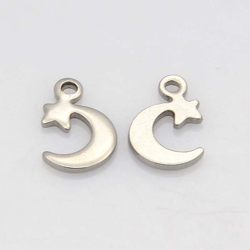 PandaHall 304 Stainless Steel Moon and Star Charms, Stainless Steel Color, 11x7x1mm, Hole: 1mm Stainless Steel Moon