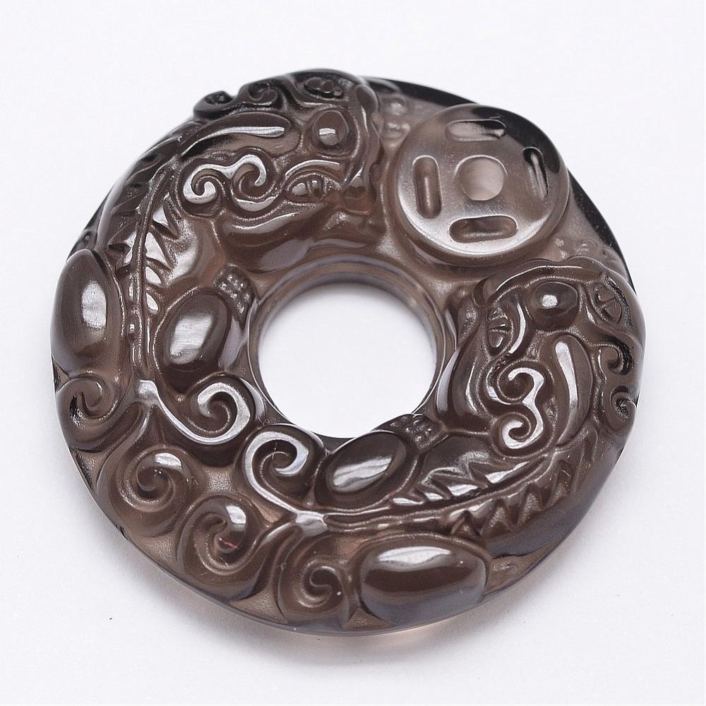 PandaHall Natural Ice Crystal Obsidian Carven Pendants, Donut with Pixiu, Black, 37x9mm, Hole: 2mm Obsidian Donut Black
