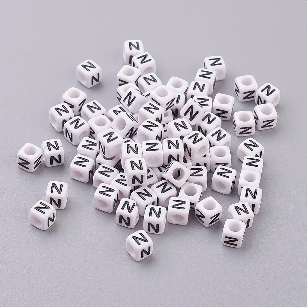PandaHall White Letter N Acrylic Cube Beads, Size: about 6mm wide, 6mm long, 6mm high, hole: about 3.2mm, about 300pcs/50g Acrylic Cube...