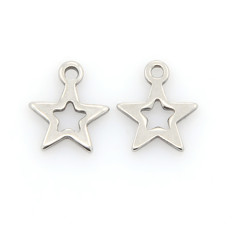 PandaHall 304 Stainless Steel Charms, Star Pendants, Stainless Steel Color, 10x9x1mm, Hole: 1mm Stainless Steel Star