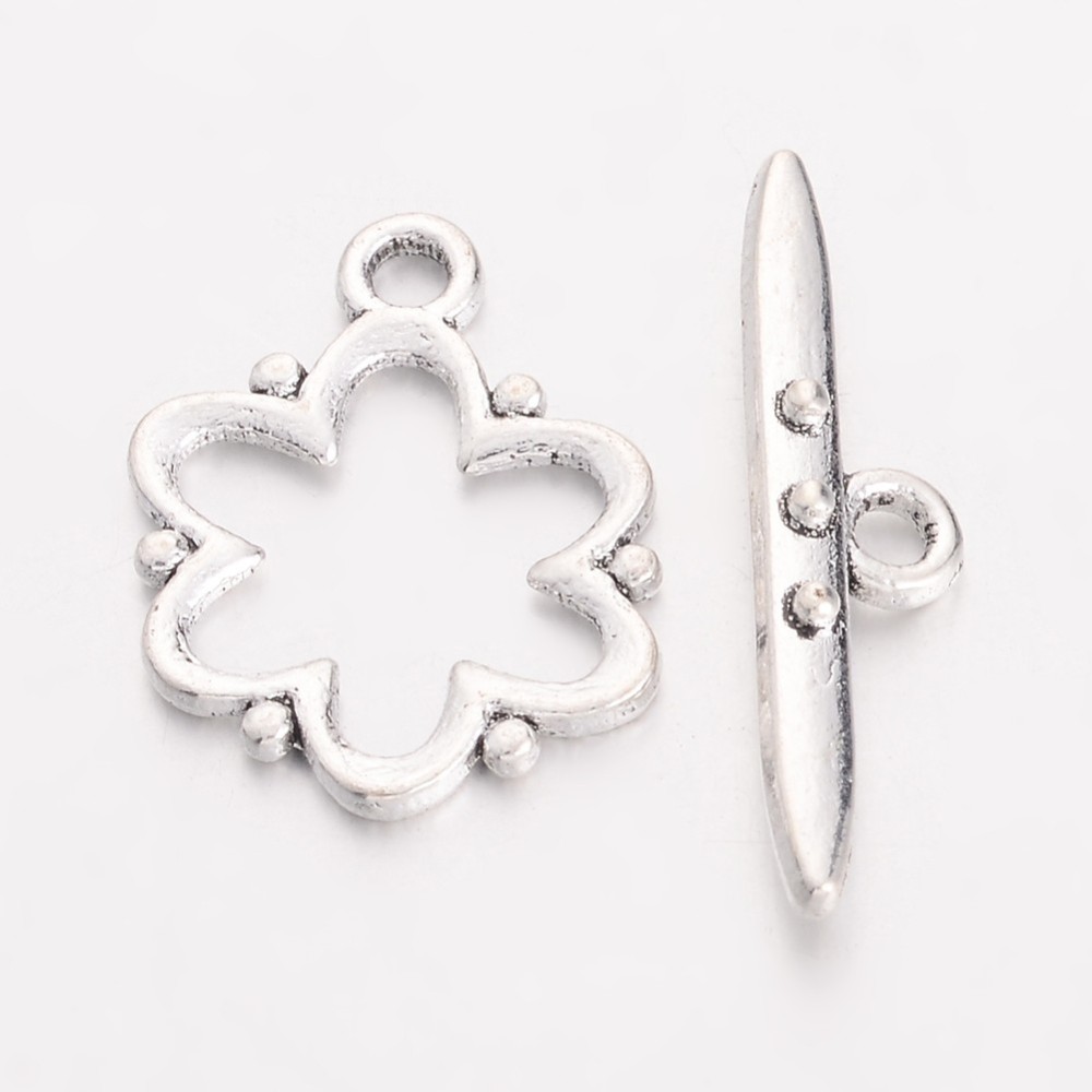 PandaHall Alloy Toggle Clasps, Lead Free and Cadmium Free, Antique Silver, Flower: 19x15x1.5mm, hole: 2mm. Bar: 24x6x4mm, hole: 2mm Alloy...