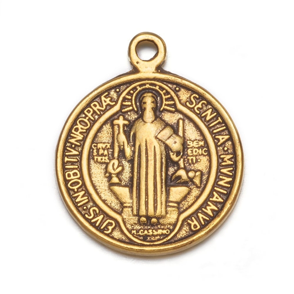 PandaHall Tibetan Style Pendants, Saint Benedict Medal, Lead Free and Cadmium Free, Flat Round, Antique Golden, Size: about 21mm long, 18mm...