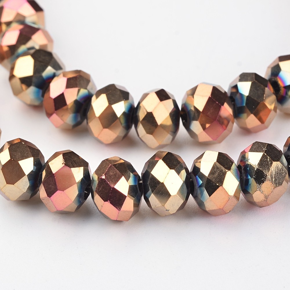 PandaHall Electroplate Glass Beads Strands, Faceted Rondelle, Rose Gold Plated, 8x6mm, Hole: 1mm; about 72pcs/strand, 15.7'' Glass Rondelle