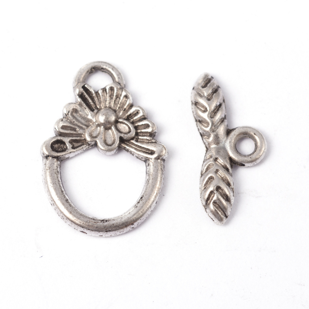 PandaHall Tibetan Style Toggle Clasps, Flower, Lead Free and Cadmium Free, Antique Silver, Round/Flower, Flower: about 12mm wide, 18mm, Bar...