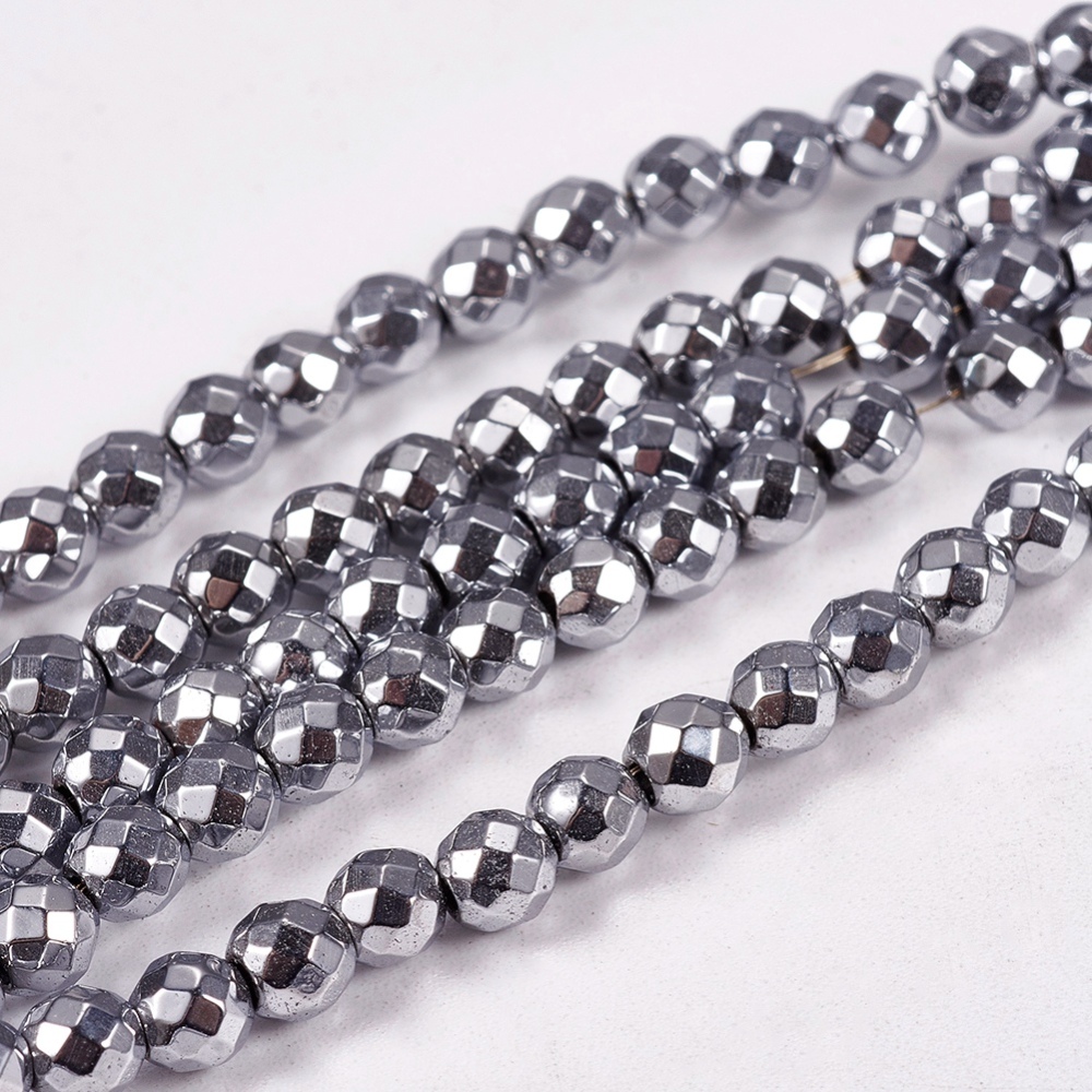 PandaHall Electroplate Non-magnetic Synthetic Hematite Beads Strands, Faceted, Round, Grade AAAA, Platinum Plated, 4mm, Hole: 1mm; about...