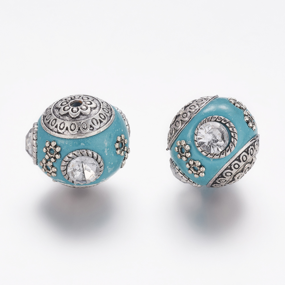 PandaHall Handmade Indonesia Beads, with Brass Findings and Rhinestones, Round, Aquamarine, Size: about 18mm in diameter, hole: 2mm Polymer...