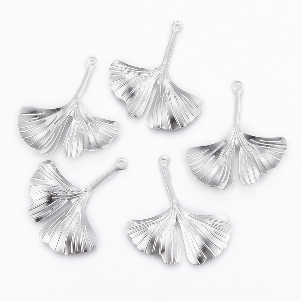 PandaHall 304 Stainless Steel Pendants, Ginkgo, Stainless Steel Color, 29x25x2mm, Hole: 1mm Stainless Steel Leaf