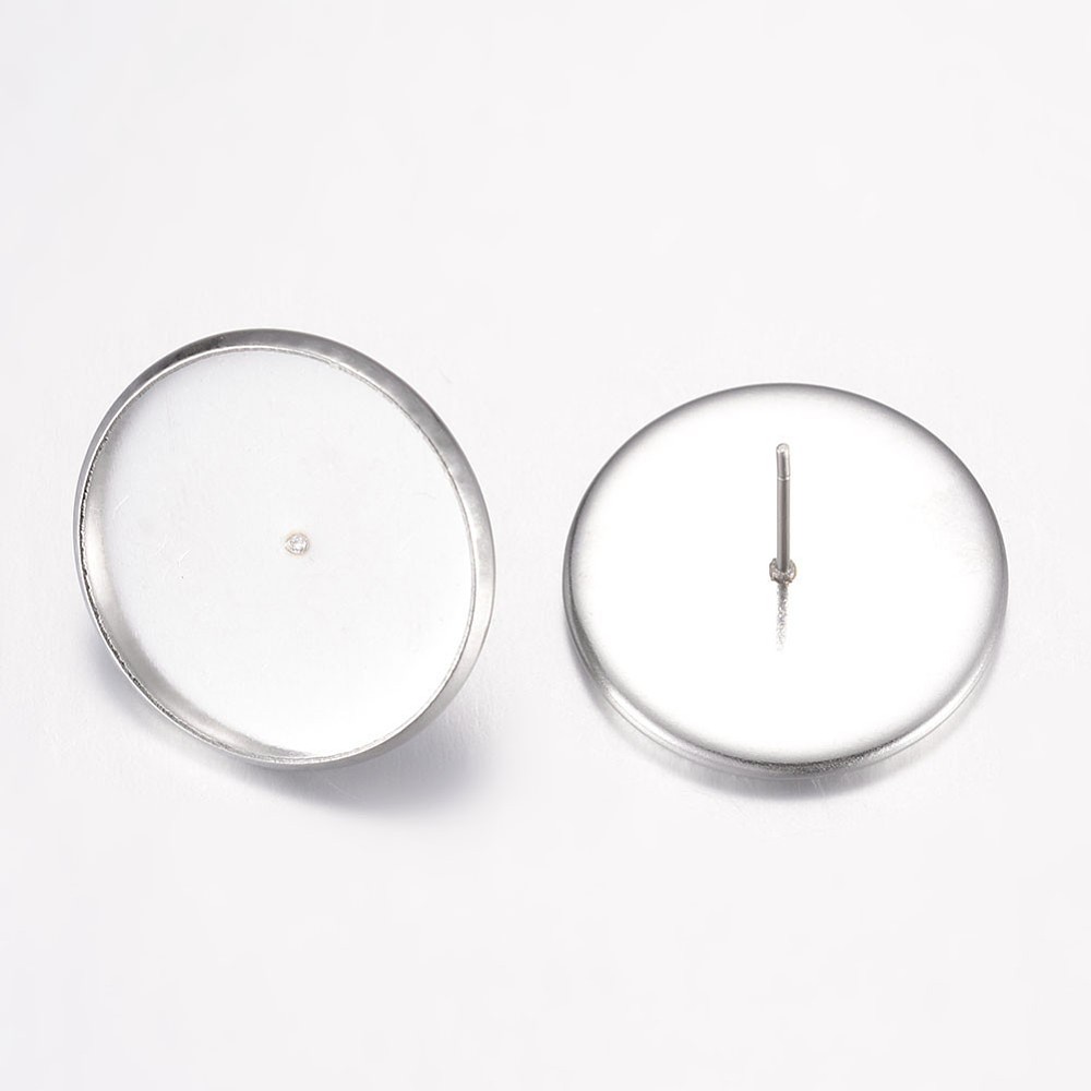 PandaHall 304 Stainless Steel Ear Stud  Settings, Flat Round, Stainless Steel Color, 13mm; pin: 0.7mm; tray: 20mm Stainless Steel