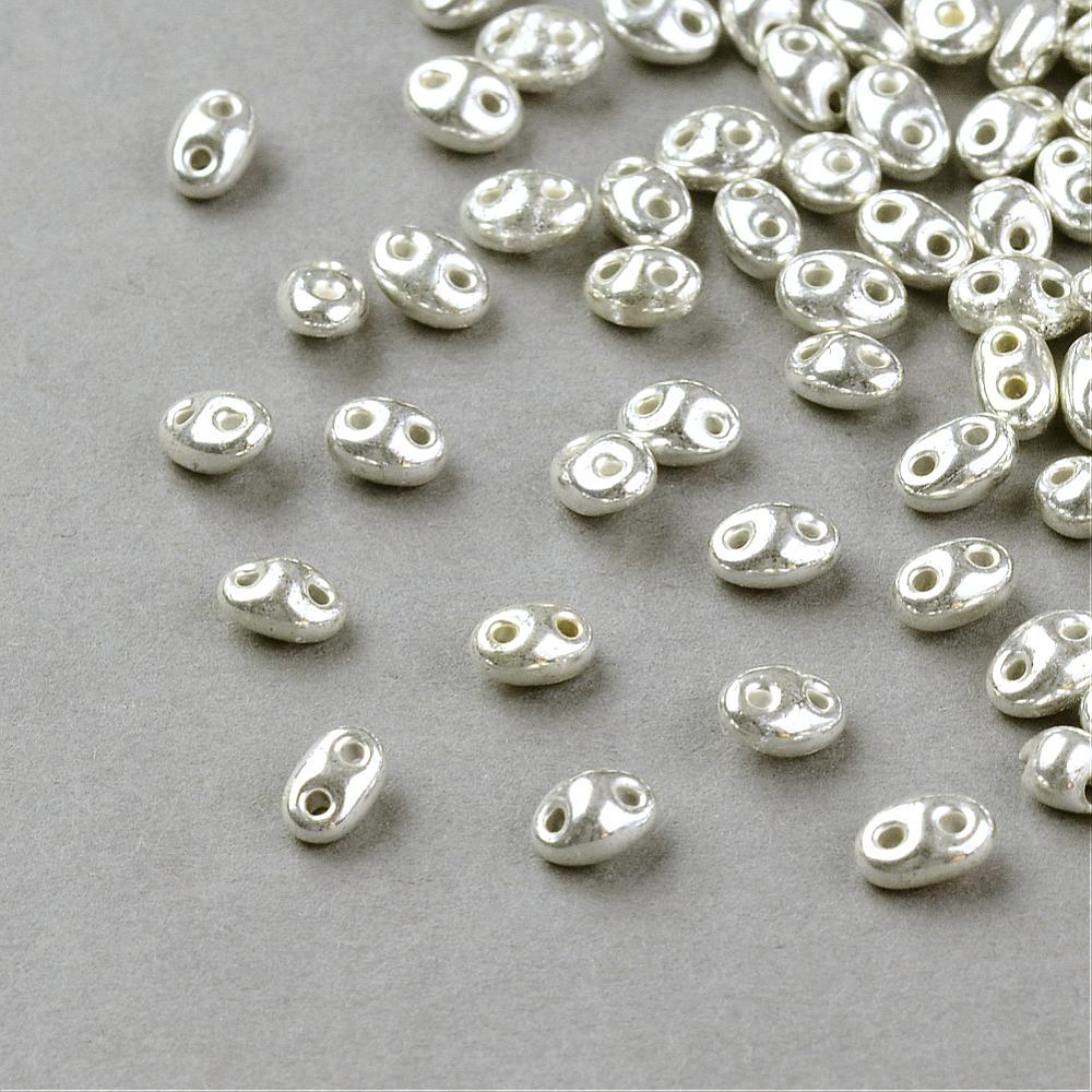 PandaHall 2-Hole Seed Beads, Czech Glass Beads, Plated Style, Silver Plated, 5x3.5x3mm, Hole: 0.5mm; about 260pcs/20g Czech Glass Oval