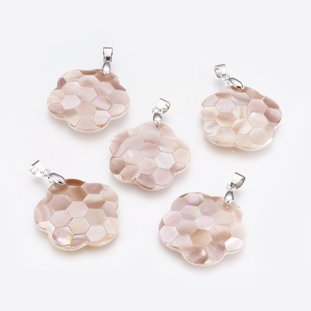 PandaHall Pink Shell Pendants, with Brass Pendant Findings, Flower, Platinum Metal Color, Pink, 31x31x5mm, Hole: 4x6mm Pink Shell Flower...
