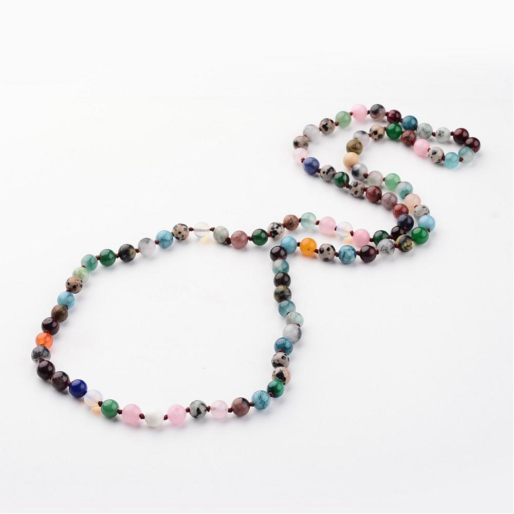 PandaHall Natural Gemstone Necklaces, Beaded Necklaces, Round, 35" Mixed Stone