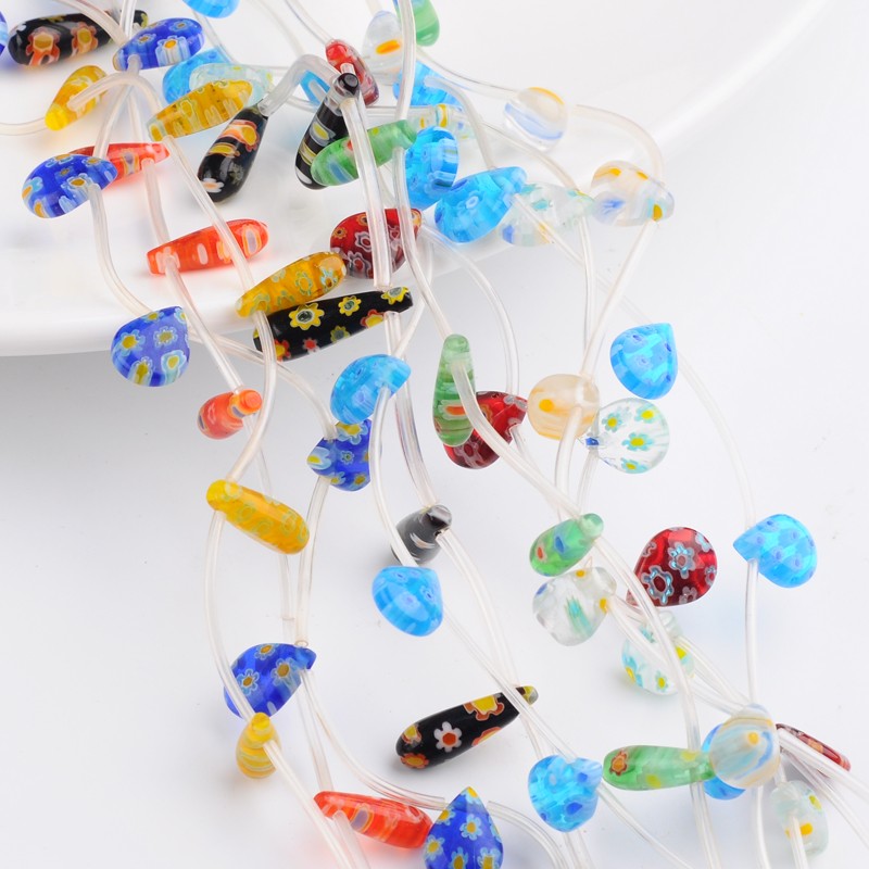 PandaHall Drop Handmade Millefiori Glass Beads Strands, Mixed Color, 10~17x5~9mm, Hole: 1mm; about 16pcs/stand, 16" Millefiori Lampwork Drop...