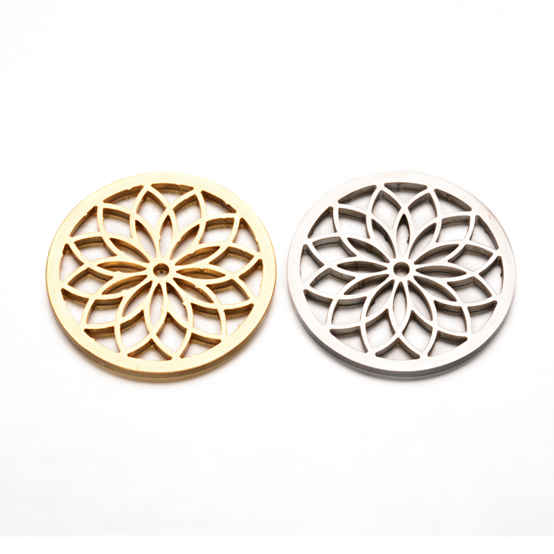 PandaHall Flat Round with Flower 304 Stainless Steel Beads, Mixed Color, 35mm, Hole: 2mm Stainless Steel Flower