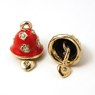 PandaHall Alloy Enamel Pendants, with Rhinestone, Christmas Bell, Golden, Red, 29x17.5mm, Hole: 3mm Alloy Rhinestone+Enamel Bell Red
