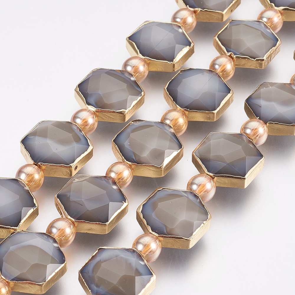 PandaHall Opaque Glass Beads Strands, Faceted, with Golden Tone Brass Edge, Hexagon & Round, Gray, 15x14~15x7~8mm, Hole: 1mm; about...