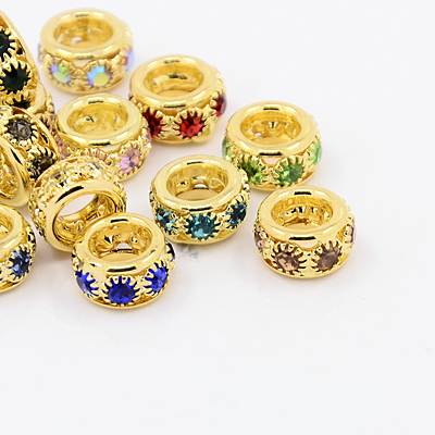 PandaHall Brass Rhinestone European Beads, Large Hole Beads, Grade A, Rondelle, Golden Metal Color, Mixed Color, 10x5~6mm, Hole: 5mm...