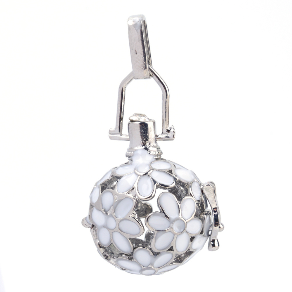 PandaHall Rack Plating Brass Cage Pendants, For Chime Ball Pendant Necklaces Making, with Enamel and Rhinestone, Hollow Round with Flower...