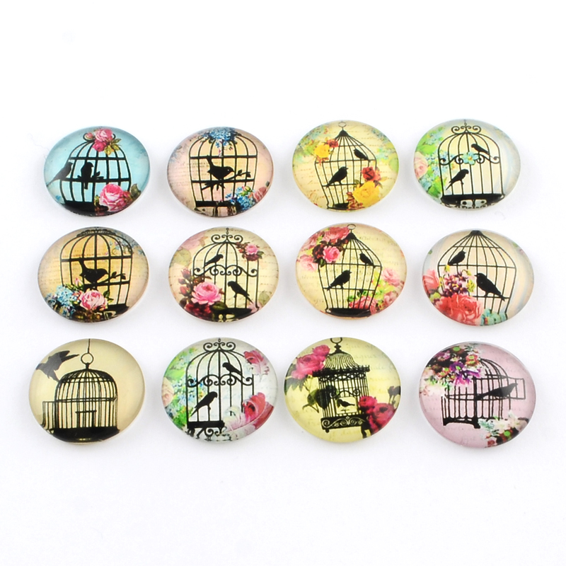 PandaHall Half Round/Dome Bird Pattern Glass Flatback Cabochons for DIY Projects, Mixed Color, 12x4mm Glass Half Round Multicolor