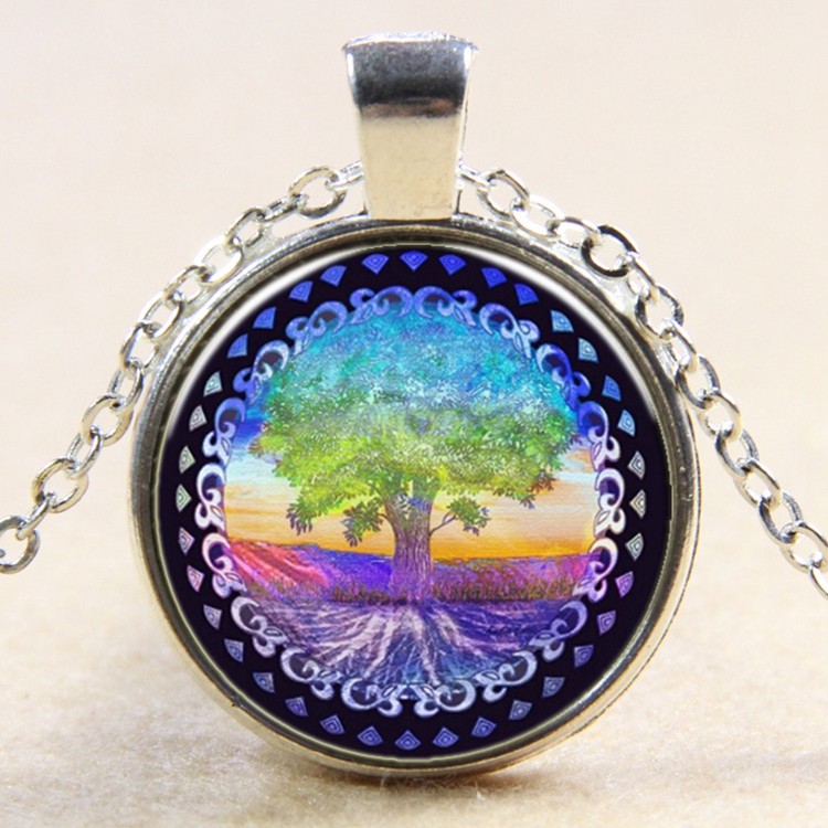 PandaHall Flat Round with Colorful Tree Glass Alloy Pendant Necklaces, Silver, 17.7