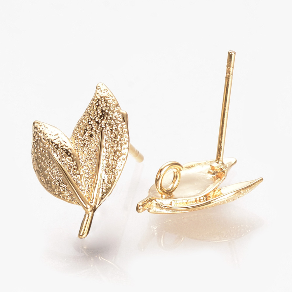 PandaHall Brass Ear Stud Findings, Real Gold Plated, Leaf, 15.5x10mm, Hole: 2mm; pin: 0.5mm Brass