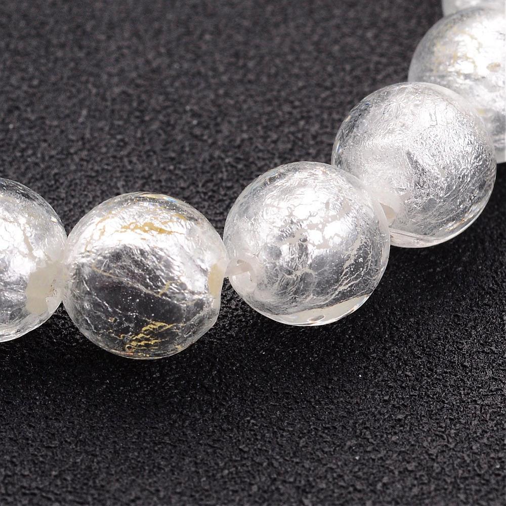 PandaHall Handmade Silver Foil Glass Round Beads Strands, White, 10mm, Hole: 2mm Foil Glass Round White