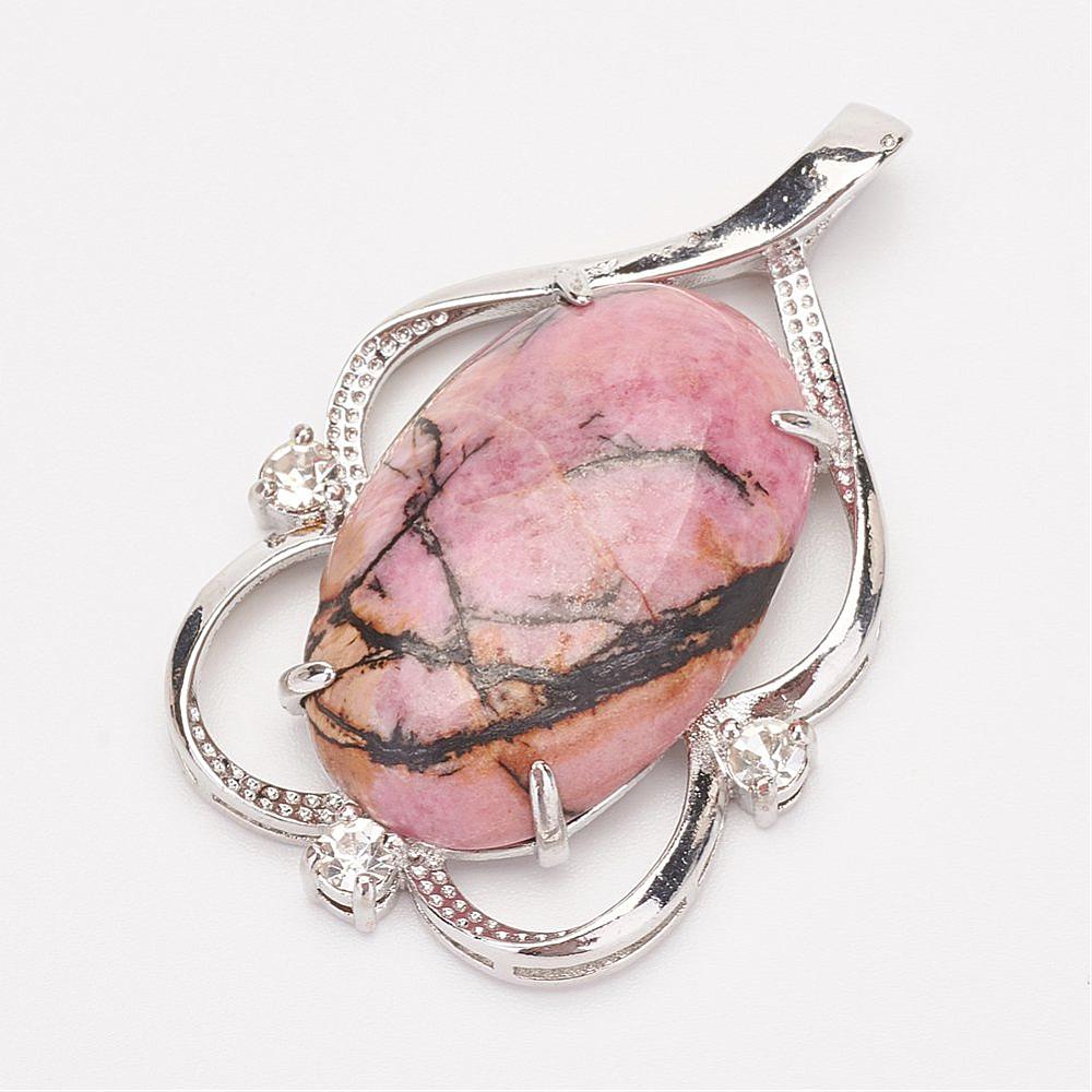PandaHall Natural Rhodonite Pendants, Flat Oval, with Brass Findings, Platinum, 48x31x11mm, Hole: 4x6mm Rhodonite Oval