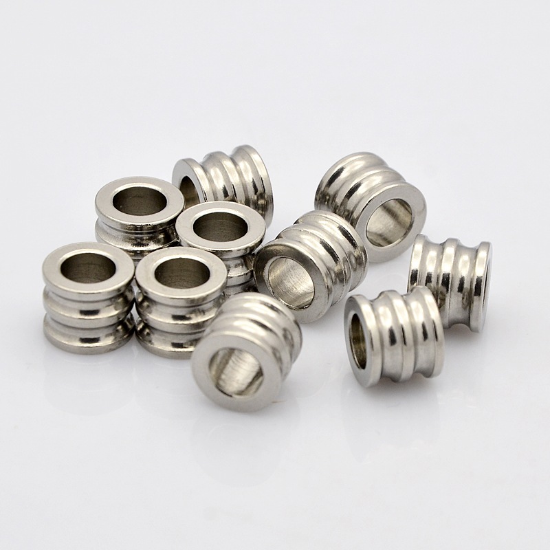 PandaHall Column 304 Stainless Steel Beads, Large Hole Grooved Beads, Stainless Steel Color, 10x8mm, Hole: 6mm Stainless Steel Column