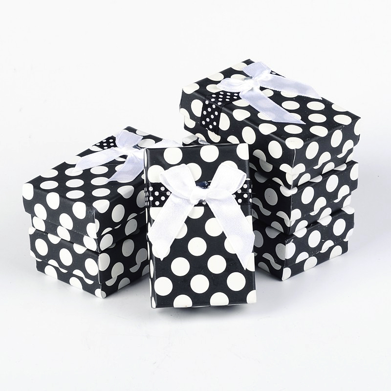 PandaHall Rectangle Polka Dot Printed Cardboard Jewelry Boxes, Sponge inside, with Bowknot, White, 80x50x27mm Paper Rectangle White