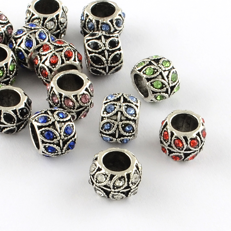 PandaHall Antique Silver Plated Alloy Rhinestone Large Hole European Beads, Rondelle with Leaf, Mixed Color, 9x7mm, Hole: 5mm...
