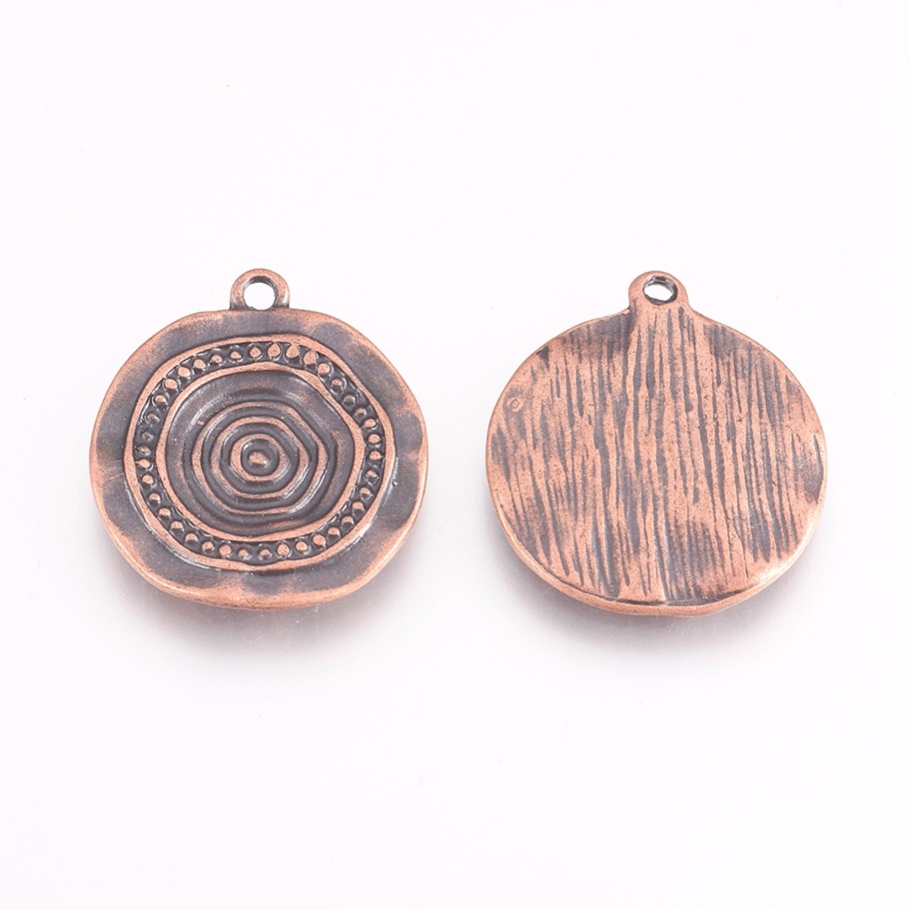 PandaHall Tibetan Style Pendants, Lead Free and Cadmium Free, Flat Round, Red Copper, 24x21x3mm, Hole: 2mm Alloy Flat Round