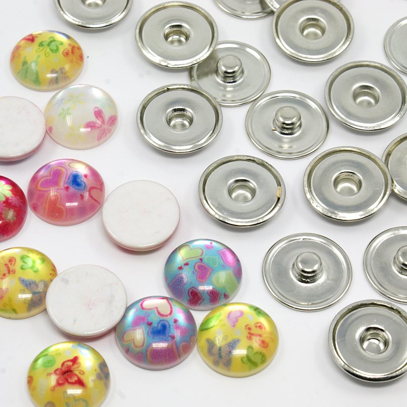 PandaHall DIY Snap Button Making, Flat Round Printed Resin Cabochons and Brass Snap Buttons, Platinum, Mixed Color, Buttons: 18x4mm; Knob...