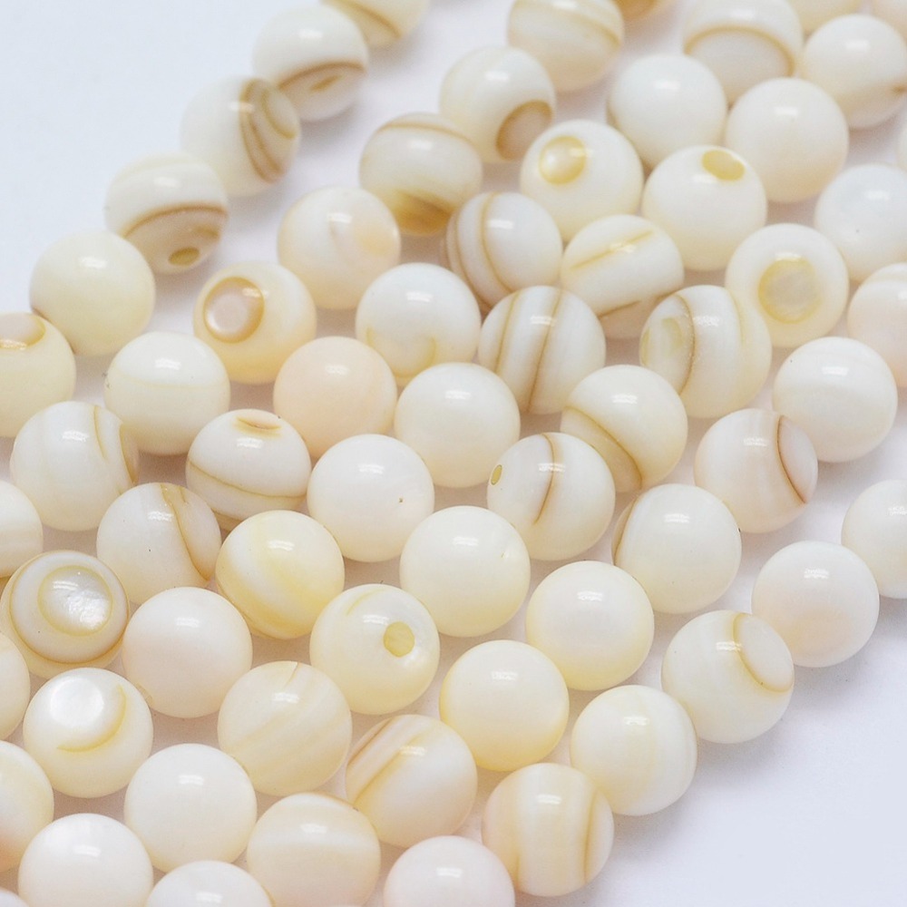 PandaHall Natural Shell Beads Strands, Round, 6~6.5mm, Hole: 1mm; about 66pcs/strand, 15.7"(40cm) Other Sea Shell Round Gold