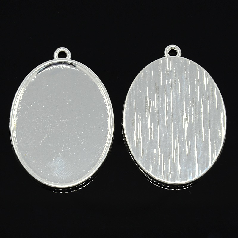 PandaHall Nickel Free Tibetan Style Alloy Oval Pendant Cabochon Settings, Silver, Tray: 30x40mm; 48x34x4mm, Hole: 3mm Alloy Oval Silver