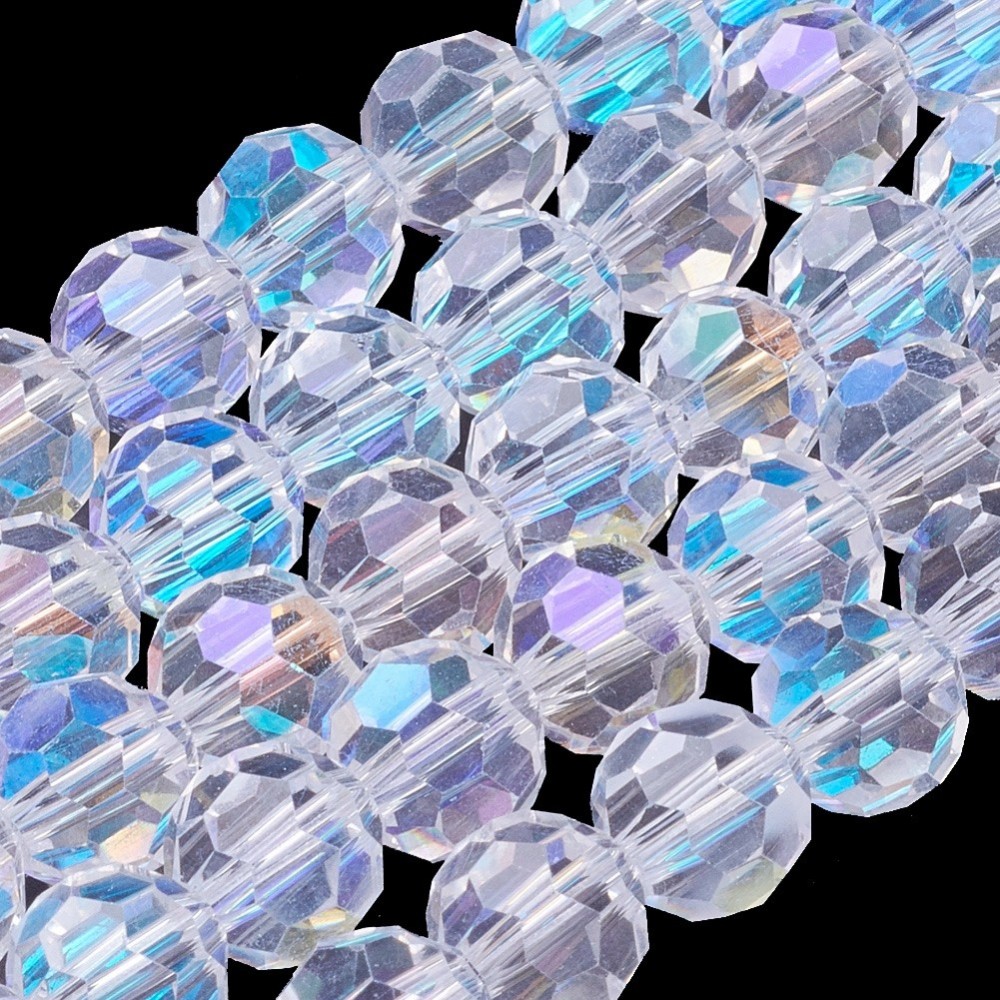 PandaHall Electroplate Glass Beads Strands, AB Color, Faceted, Round, Clear AB, 8mm, Hole: 1mm; about 72pcs/strand, 22.6" Glass Round White